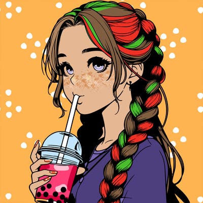 realistic girl with braided hair drinking boba