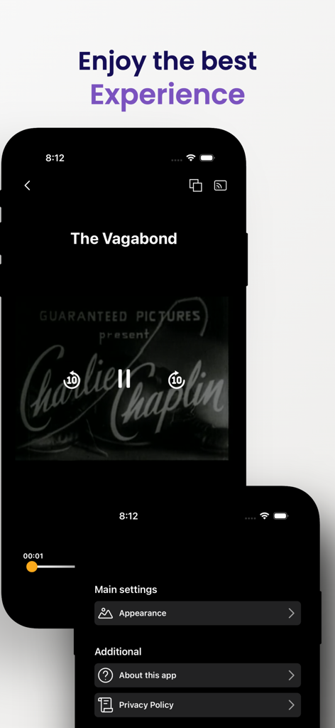 RubyPlay - RubyPlay app interface showing a classic film video player with playback controls and settings menu
