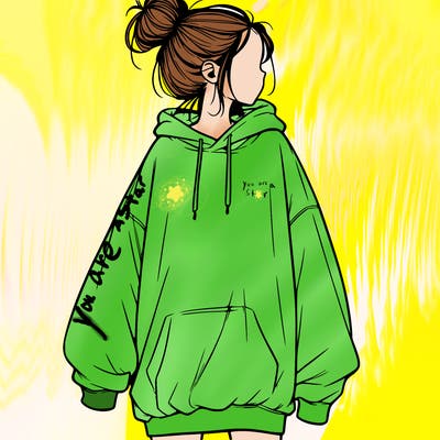 realistic girl with a oversized sweatshirt on and a bun
