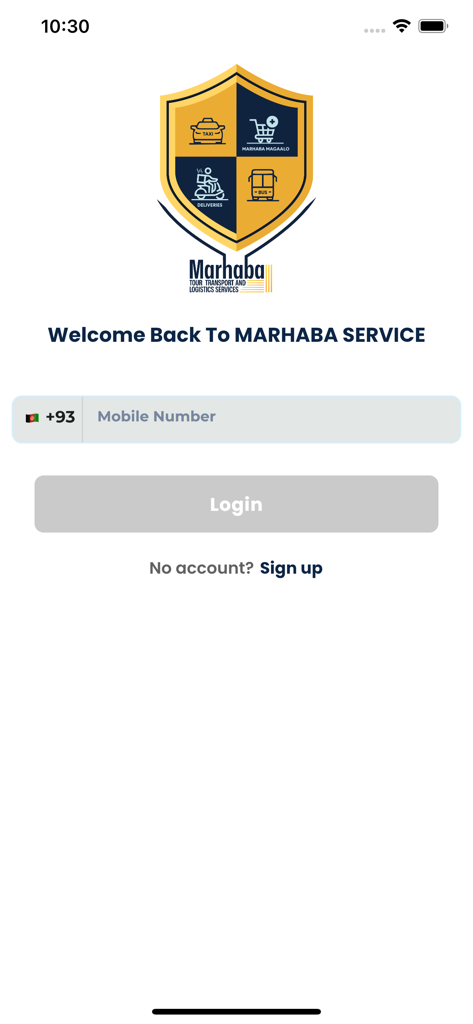 Pantalla de inicio de sesión de la aplicación Marhaba Service con el logo de la empresa y un campo de entrada para número de teléfono móvil.