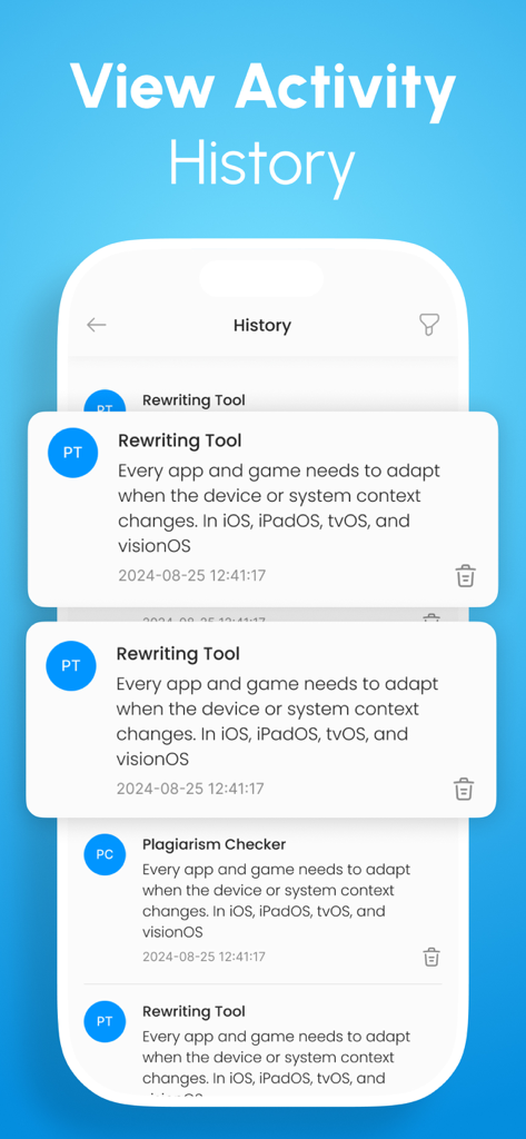Plagiarism Checker & AI Detect - アクティビティ履歴画面に、タイムスタンプ付きの過去の盗作チェックとAI書き換えログのリストが表示されています