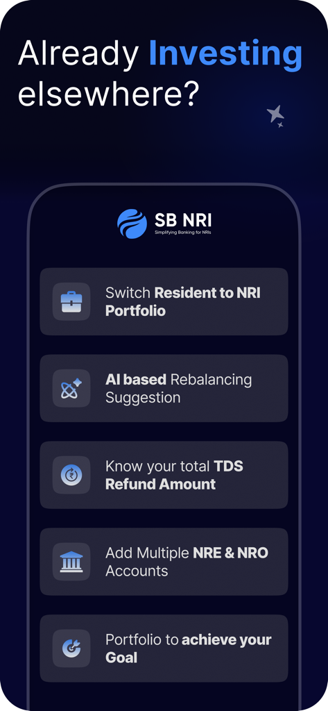 SBNRI: NRI Mutual Fund & SIPs - SBNRI app interface showing features like NRI portfolio switching AI rebalancing and TDS refund tracking