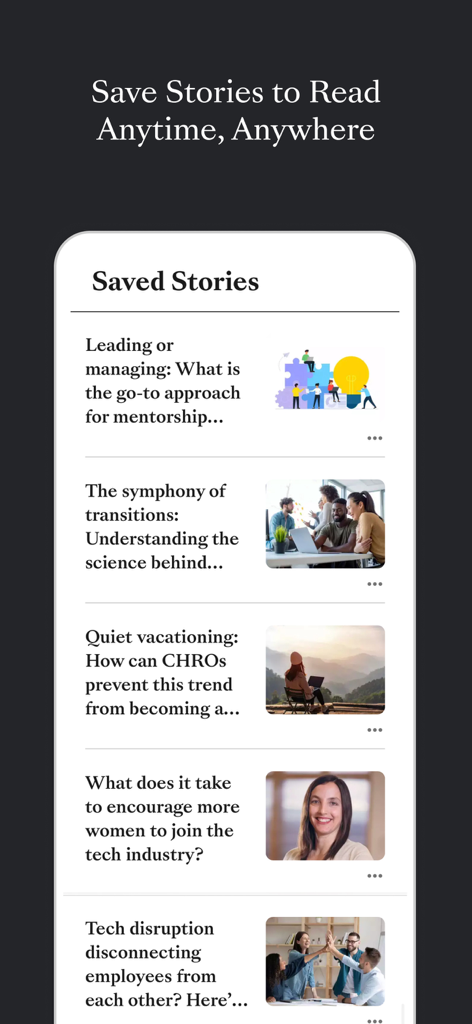 Une capture d'écran de l'application ETHRSEA montrant la section des articles sauvegardés avec plusieurs articles liés aux RH listés pour une lecture ultérieure.
