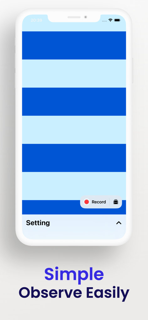 Smartphone screen displaying moving blue stripes and a record button for nystagmus observation.