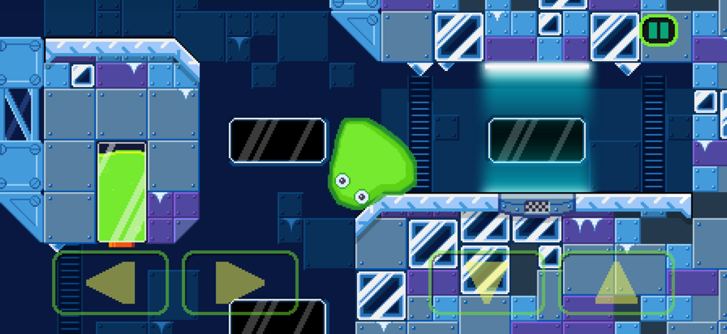 Slime Labs 3 - Green slime character jumping in a pixel art frozen laboratory level in the mobile game Slime Labs 3.