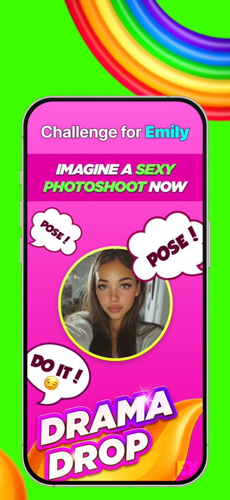 Écran de l'application Party Lab montrant un défi "Drama Drop" pour une joueuse nommée Emily lui demandant d'imaginer une séance photo sexy et de poser.