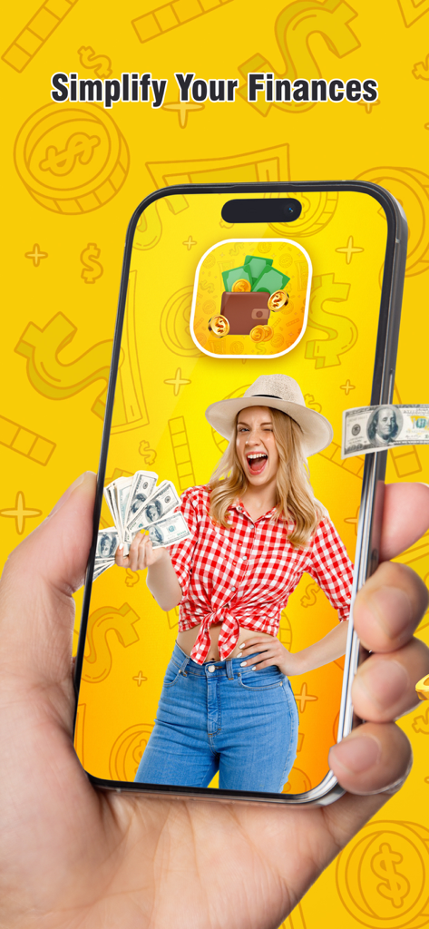 Money Control Budget - A smartphone displaying the Money Control Budget app with the text Simplify Your Finances and a woman holding cash