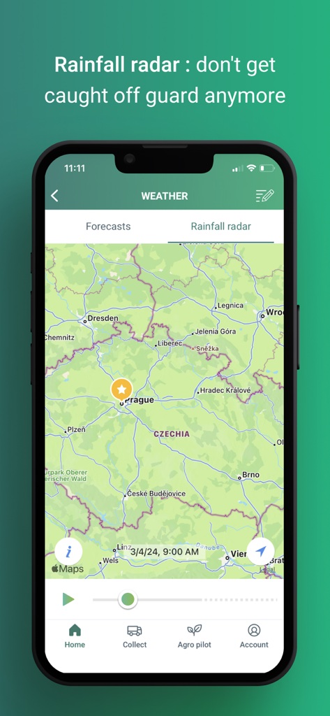 Farmi - Smartphone screen displaying the Farmi app rainfall radar map for agricultural weather monitoring