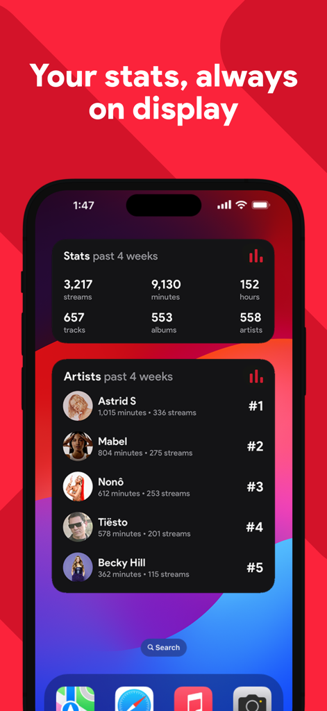 stats.fm for Apple Music - Un écran d'accueil d'iPhone affichant les statistiques d'écoute musicale et les classements des artistes préférés sur des widgets.