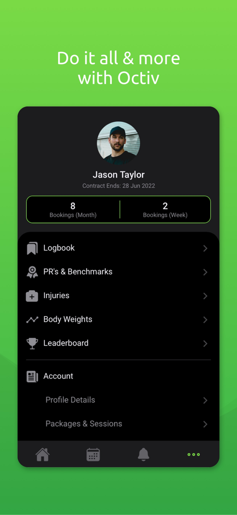 Octiv mobile app dashboard displaying user profile workout logbook and performance tracking features
