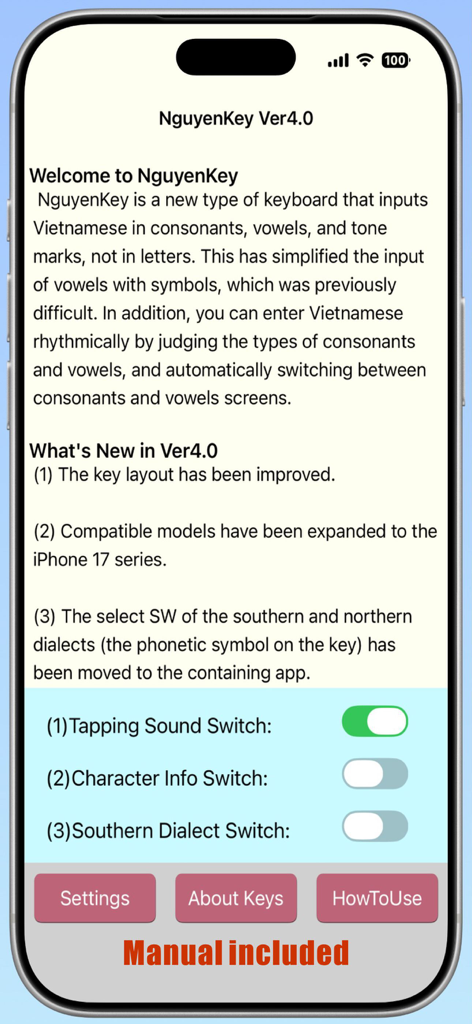NguyenKey app settings interface on iPhone showing version 4.0 updates and toggle switches for tapping sound and southern dialect.