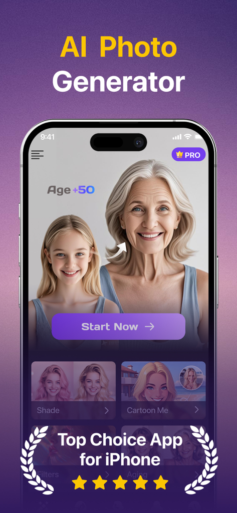 SnapEdit AI - SnapEdit AI app interface showing AI photo generator with age transformation and cartoon filters.