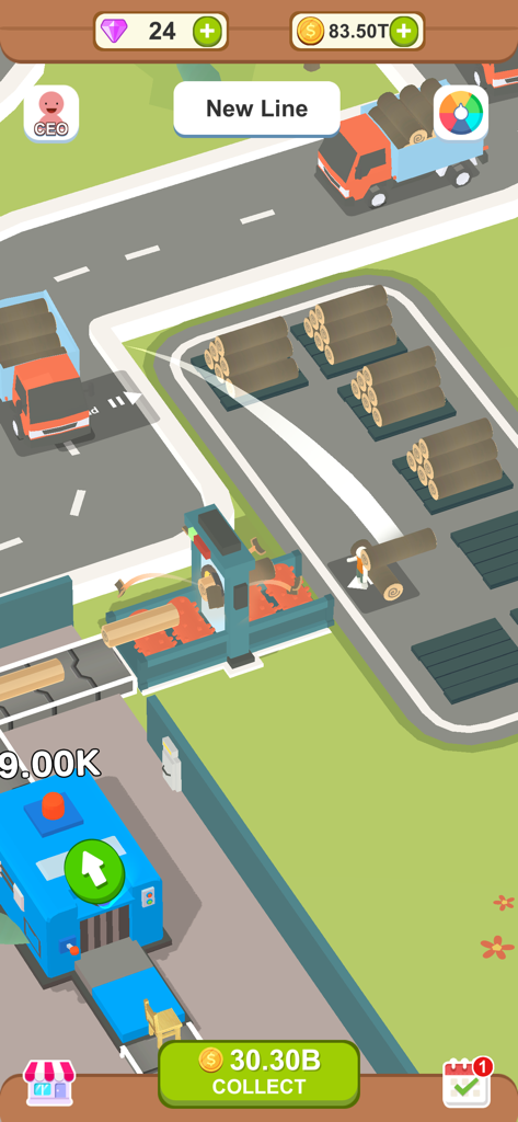 Aquatic Logging Factory - Logs being processed and transported at a sawmill in the Aquatic Logging Factory idle game