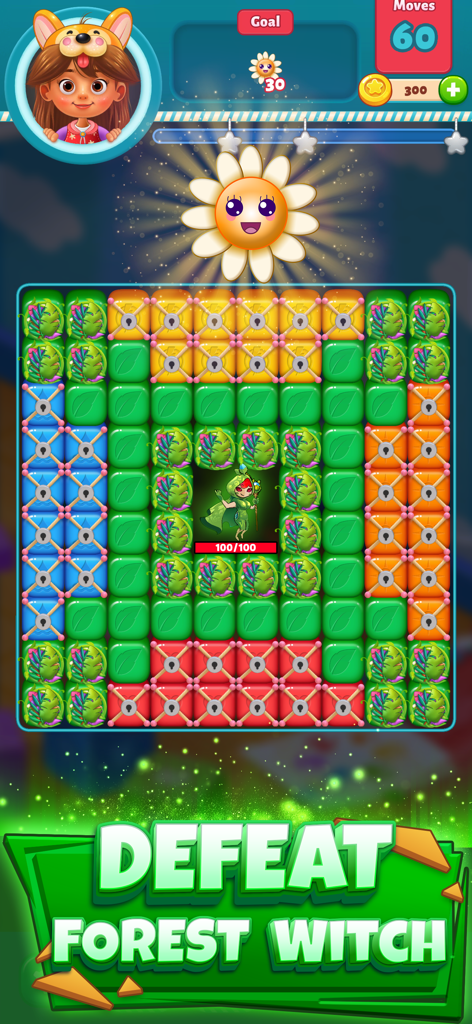 Epic Blast 3D: Toy Match Games - Gameplay screenshot of Epic Blast 3D showing a puzzle board with a Forest Witch boss battle