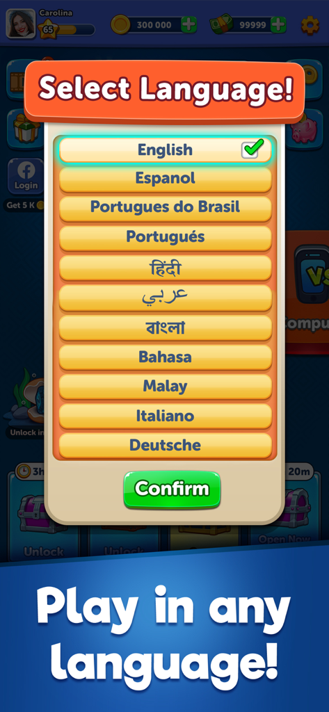 Menu de seleção de idioma no Parchis CLUB com vários idiomas internacionais, incluindo espanhol e hindi