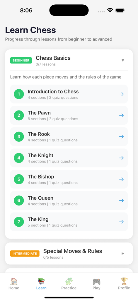 Chess Academy - Play & Learn - The Learn screen of the Chess Academy app showing a list of beginner lessons for chess pieces and basic rules