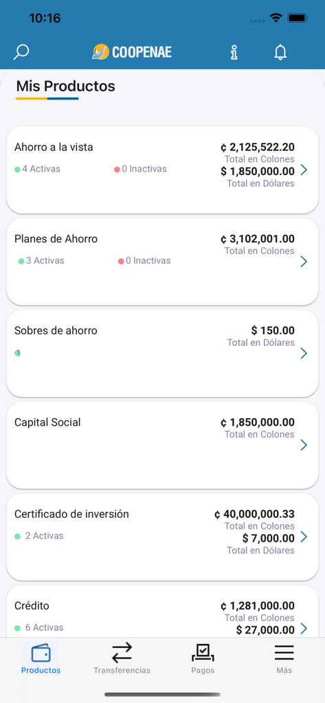 Panel de la aplicación móvil Coopenae RL mostrando saldos de cuentas de ahorro y crédito en colones costarricenses y dólares estadounidenses.