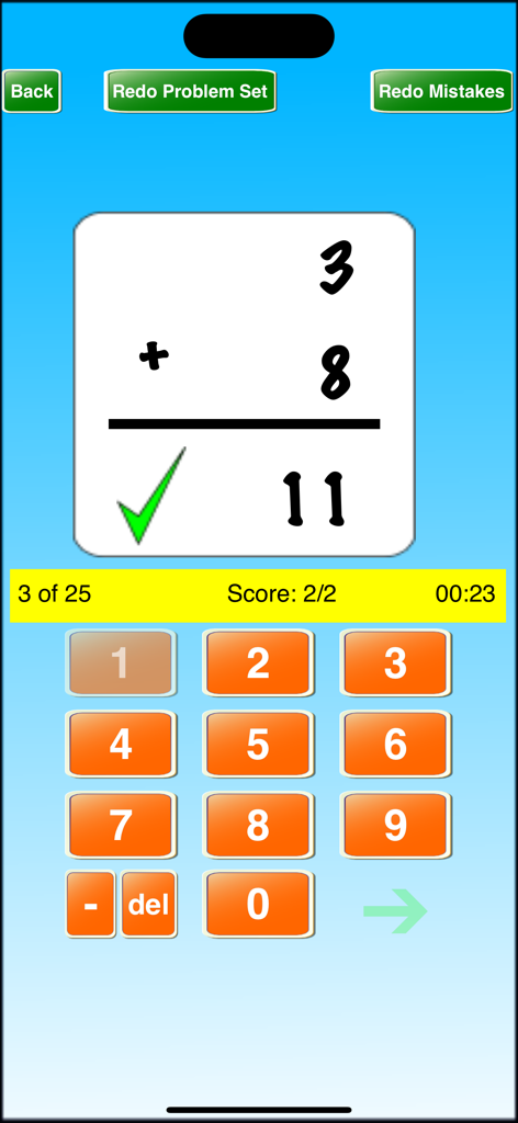 Ace Math Flash Cards - Ace Math Flash Cards app interface showing an addition problem with a numeric keypad and score tracker