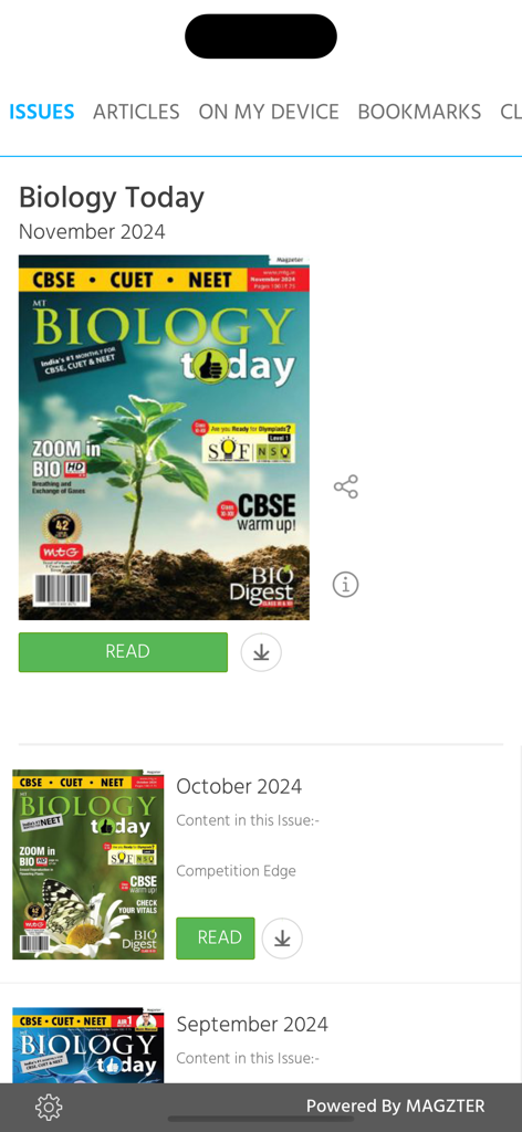 Biology Today - Interface of the Biology Today app displaying a list of monthly magazine issues with cover images and read buttons