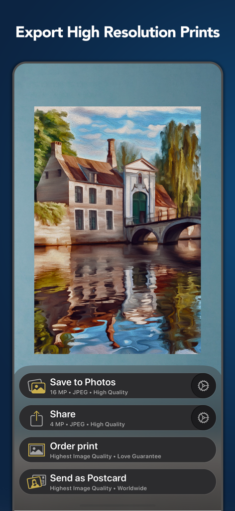 Oilbrush: Oil Painting Effects - Una pantalla móvil que muestra opciones de exportación de alta resolución y servicios de impresión para arte de pintura al óleo