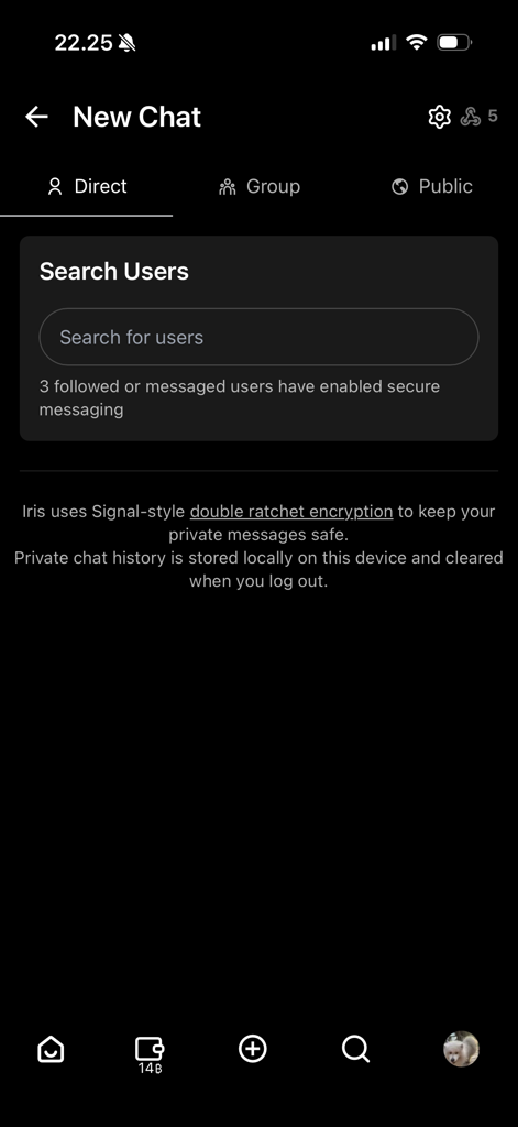 Iris – The Nostr client - New chat screen in the Iris Nostr app displaying secure messaging options and encryption information