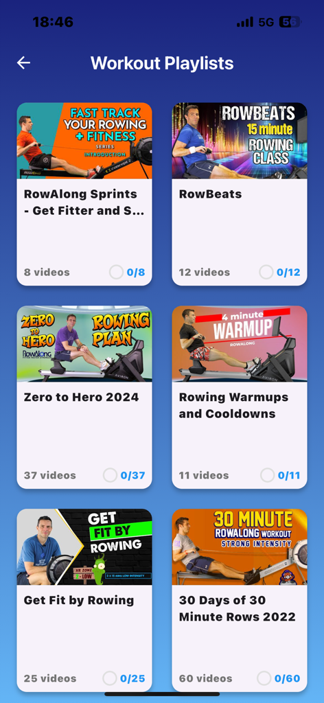 The RowAlong App - Rowing workout playlists screen in the RowAlong app showing various training programs