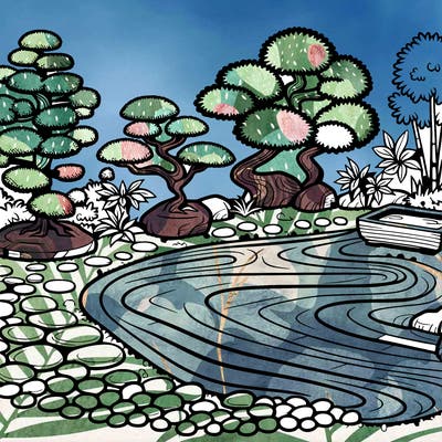 a serene zen garden with raked gravel, bonsai trees, and tranquil ponds