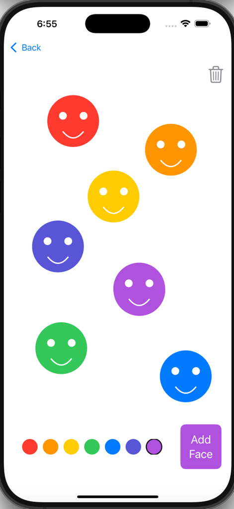 Piano Play - the easy way - Uma tela de jogo colorida do aplicativo Piano Play onde as crianças podem criar e colocar rostos sorridentes representando notas musicais