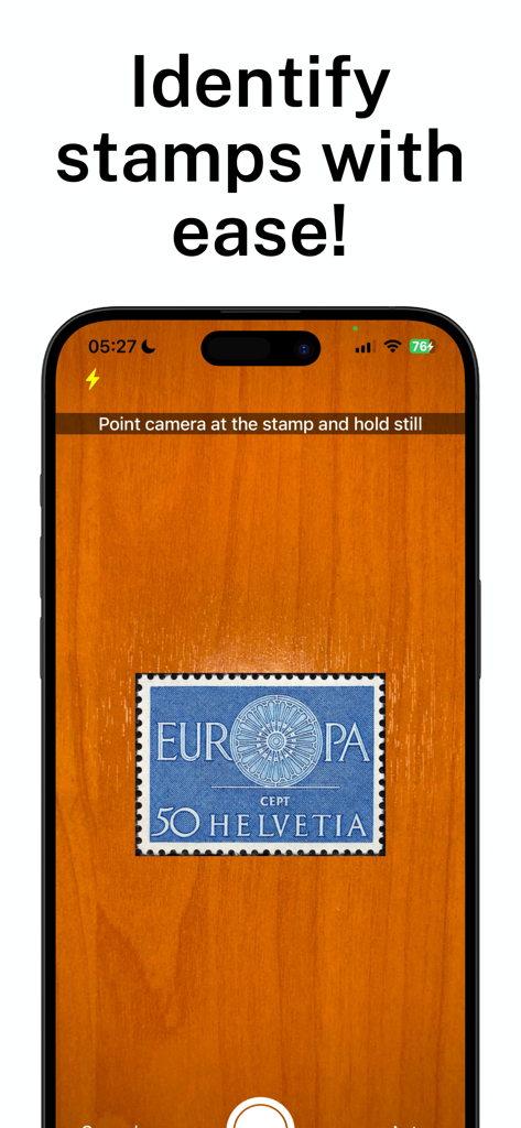 Smartphone screen showing the Stamp Identifier app scanning a blue Helvetia stamp using image recognition.
