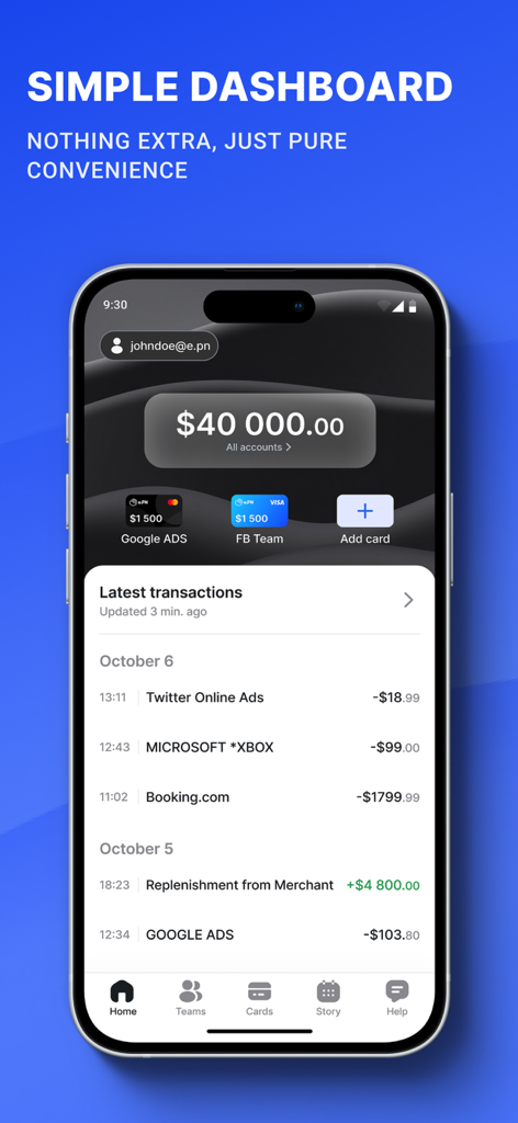 e.PN - Virtual cards - EPN mobile app dashboard displaying virtual cards and transaction history