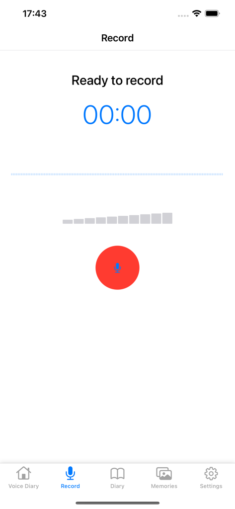 VionEcho - Minimalist voice recording screen of the VionEcho app featuring a red record button and timer