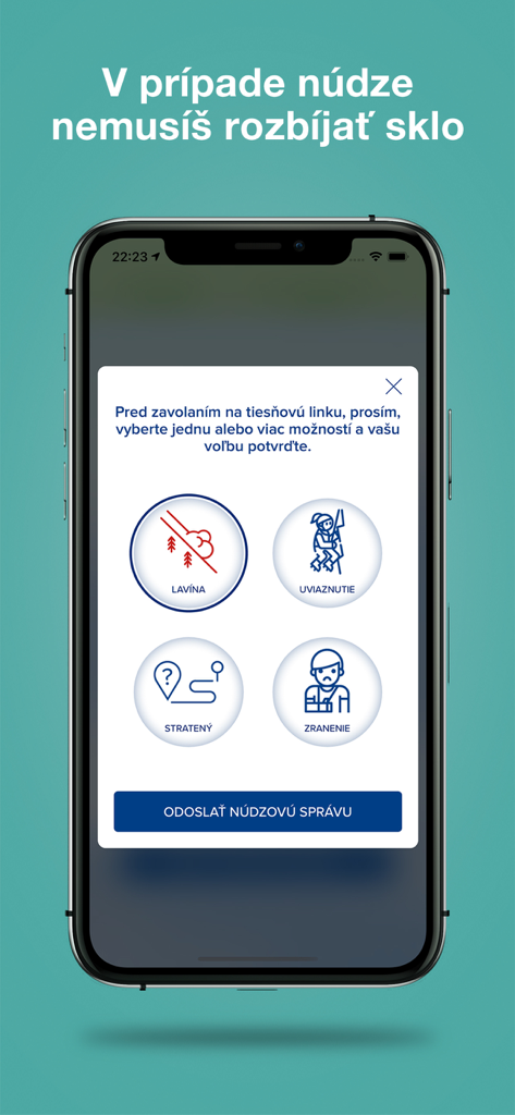 La pantalla de selección de emergencia de la app de rescate de montaña HZS con iconos para reportar una avalancha, estar varado, perdido o herido.