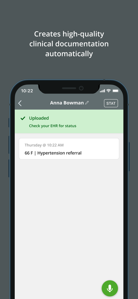 Mobile screen showing a successfully uploaded clinical note for a patient encounter in the DAX 2023 medical app