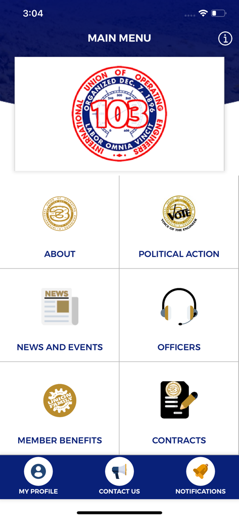 Main menu screen of the IUOE 103 mobile app for union members