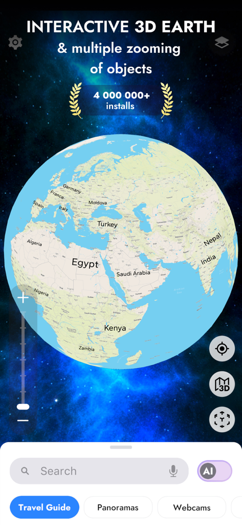 Globe 3D - Planet Earth Guide - Un globo 3D interattivo che mostra paesi e continenti su uno sfondo spaziale stellato con funzionalità di ricerca e navigazione.