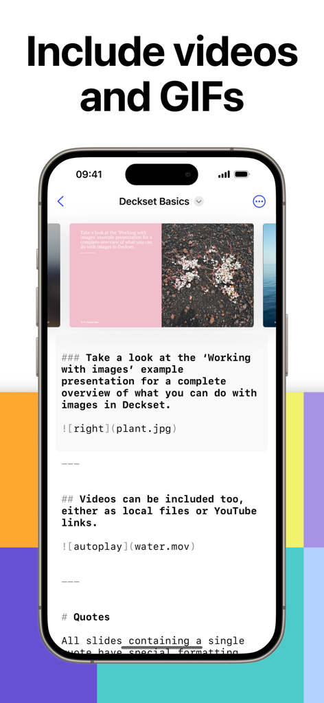 Deckset: Your Notes to Slides - Deckset app interface showing Markdown syntax used to include images and videos into a presentation slide.