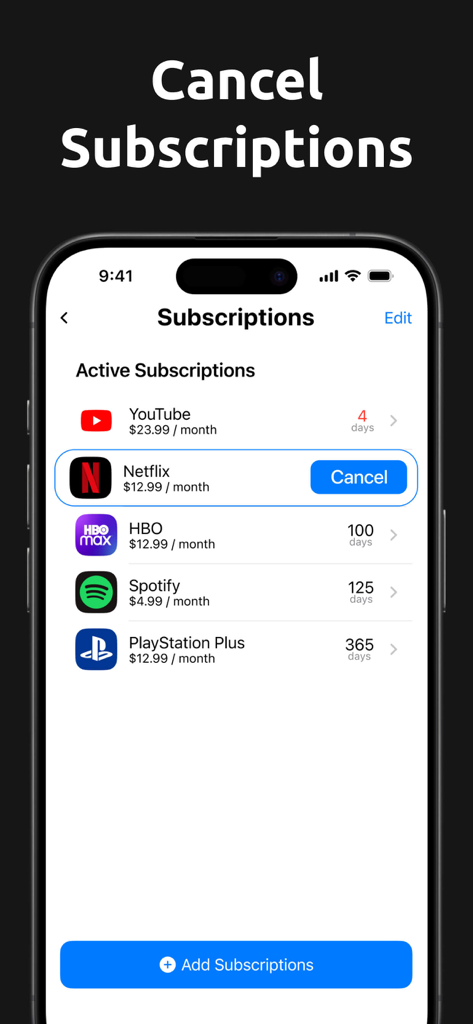 Bildschirm einer mobilen App, der aktive Abonnements mit einer Abbrechen-Schaltfläche anzeigt