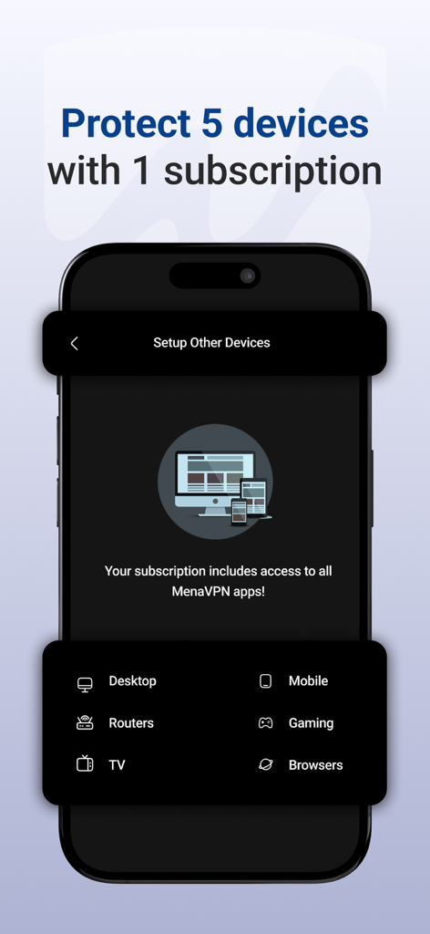 Mena VPN: UAE, KSA, Oman - Pantalla de Mena VPN mostrando protección para cinco dispositivos con una suscripción en múltiples plataformas, incluyendo escritorio, móvil y juegos