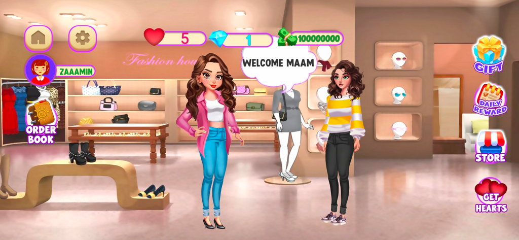 Skincare ASMR Makeover Games - Uma personagem visitando uma boutique de moda com roupas e acessórios nos Jogos de Transformação ASMR de Skincare