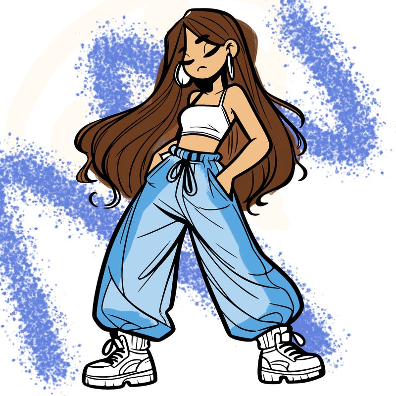 girl in baggy pants crop top and long hair