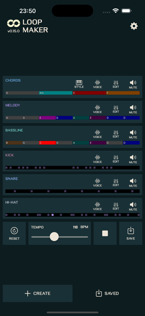 Loop Maker - Create Music Fast - Interface of the Loop Maker app showing layers for chords, melody, bassline, and percussion with tempo controls.