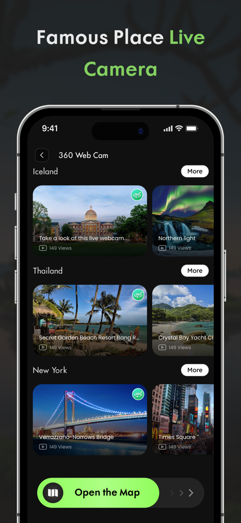 Interfaz de la aplicación que muestra cámaras web en vivo de 360 grados de varias ubicaciones globales como Nueva York e Islandia