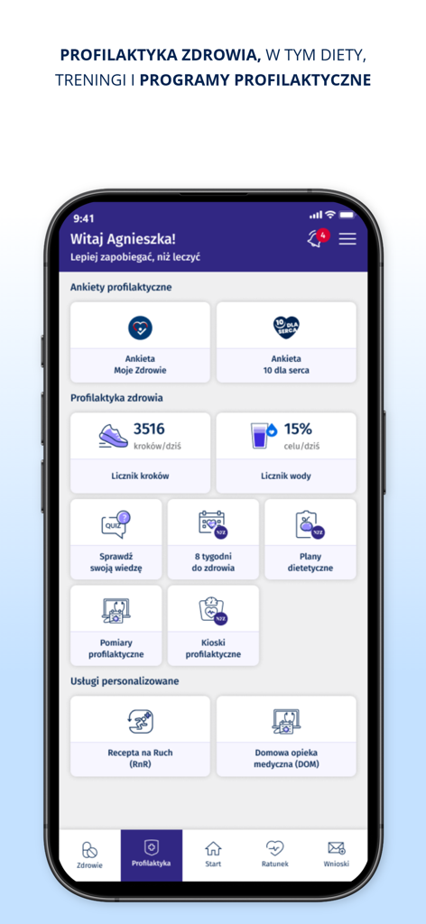 mojeIKP - log in to health - The prevention tab of the mojeIKP app displaying health trackers and diet plans.