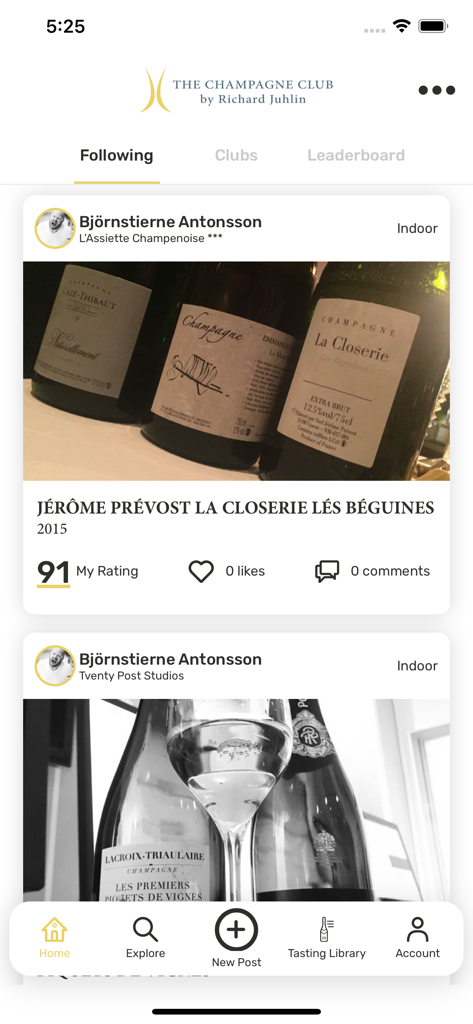 Feed social en la aplicación Champagne Club que muestra una publicación de reseña de champán con una calificación de 91 para una botella de Jérôme Prévost.