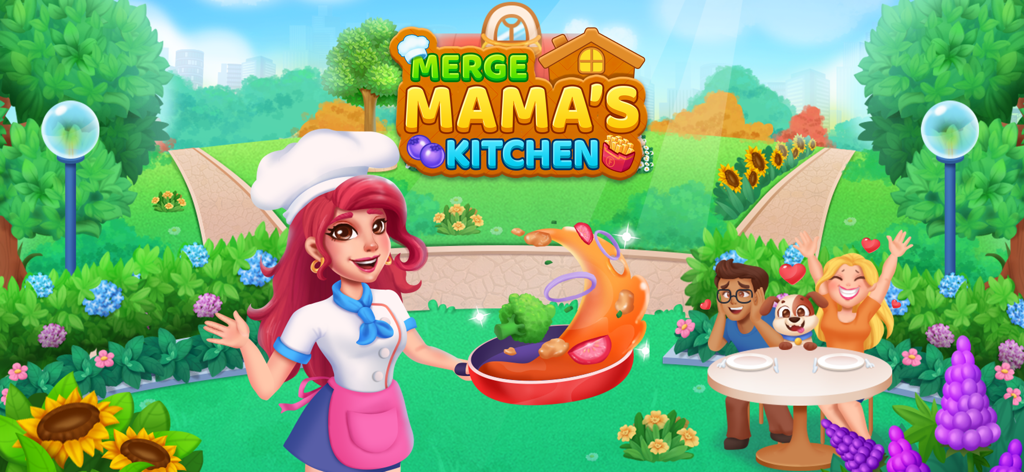 Magic Kitchen : Merge Game - A female chef tossing food in a pan in a garden setting with happy customers and the title Merge Mamas Kitchen
