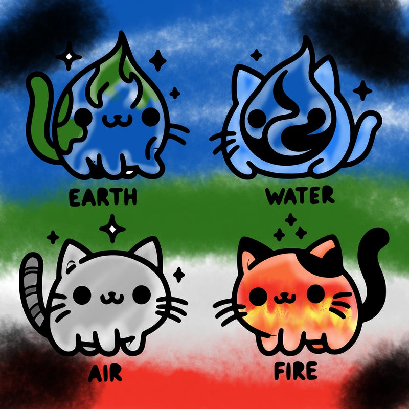 4 cats that represent the different elements, earth, water, air, and fire