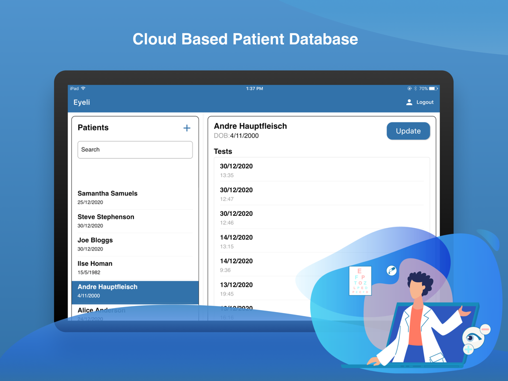 Eyeli app interface showing a cloud based patient database and clinical test history on an iPad