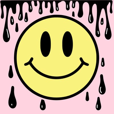 smiley face with drippy black and white background
