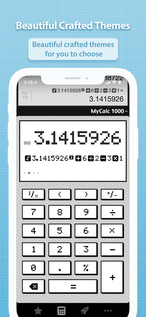 L'interface de mon application Calculatrice affiche un thème rétro pixélisé avec le titre « Thèmes magnifiquement conçus ».