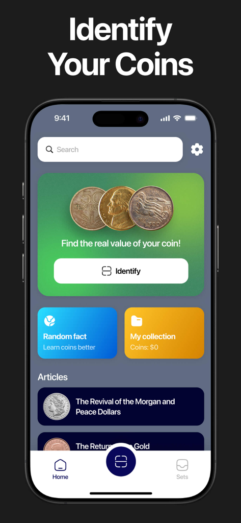 Home screen of the Coin Identifier app showing the scan tool and collection dashboard